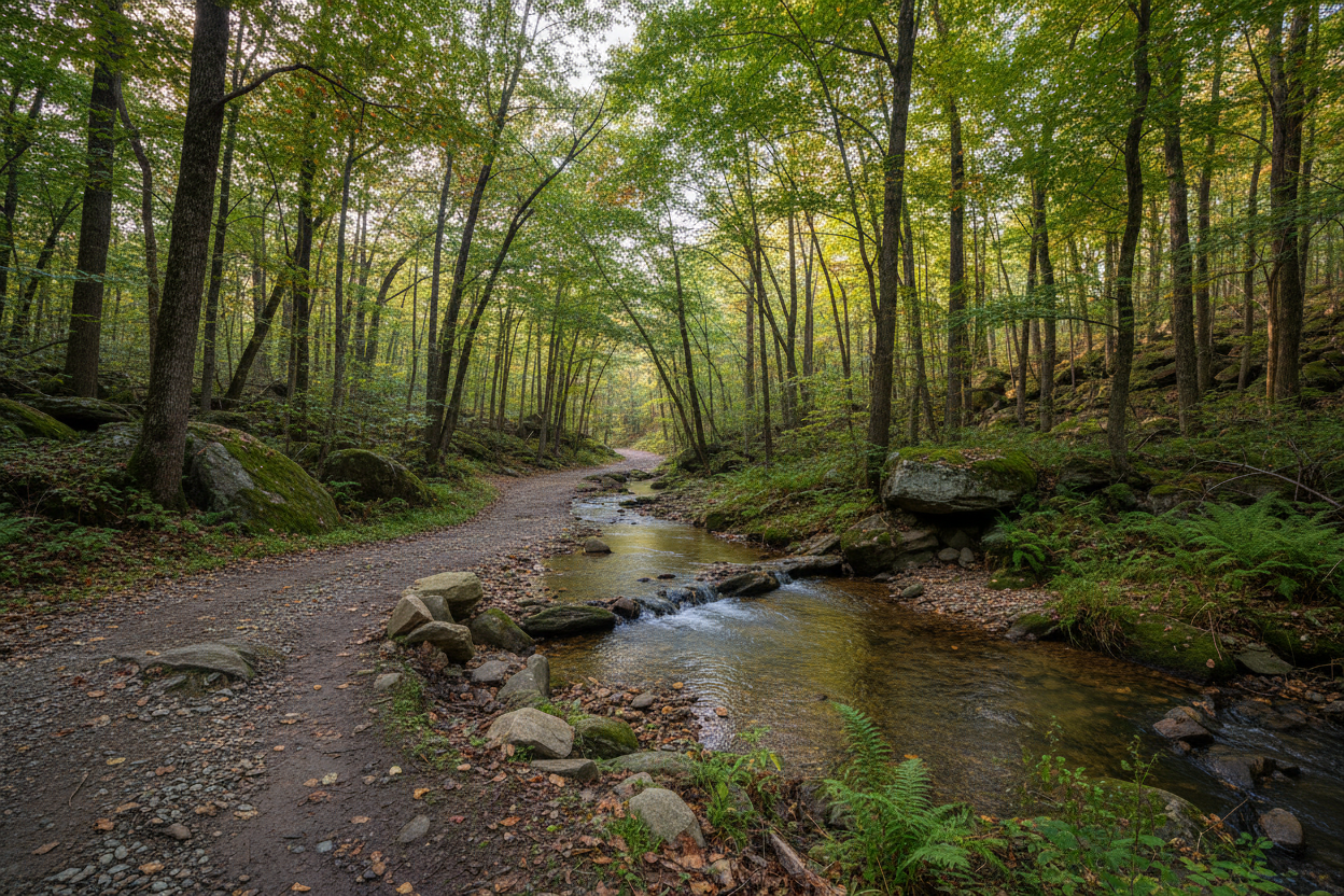 Ohio ATV trail through woods with rocks and stream